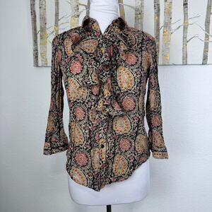 Lauren Ralph Lauren Paisley Cotton Ruffle Blouse 3/4 Sleeves Black Tan Pink Med